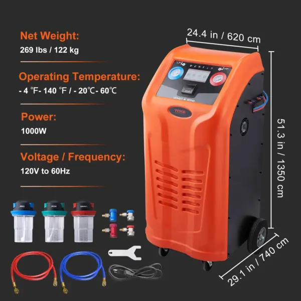 VEVOR Fully Automatic Refrigerant Recovery Machine for R134A+R1234YF - AC Recovery Machine Kit Built in Electronic Scale/Compressor/Recovery Tank, Recovery Machine HVAC Dual Cylinder