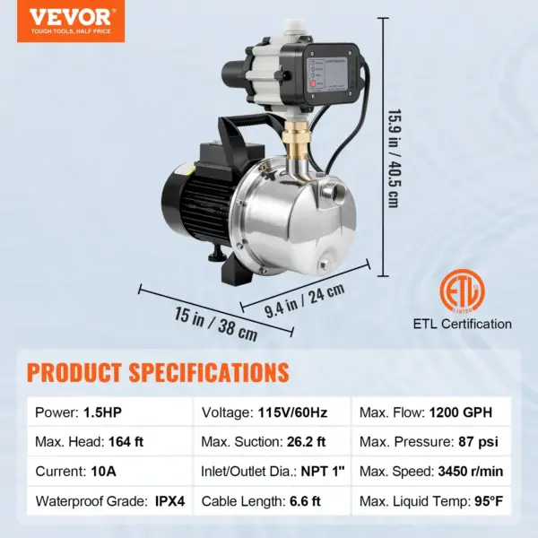 VEVOR Shallow Well Pump, 1HP 115V, 1200 GPH 145 ft Head, Portable Stainless Steel Sprinkler Booster Jet Pumps with Automatic Controller for Garden Lawn Irrigation system, Water Transfer