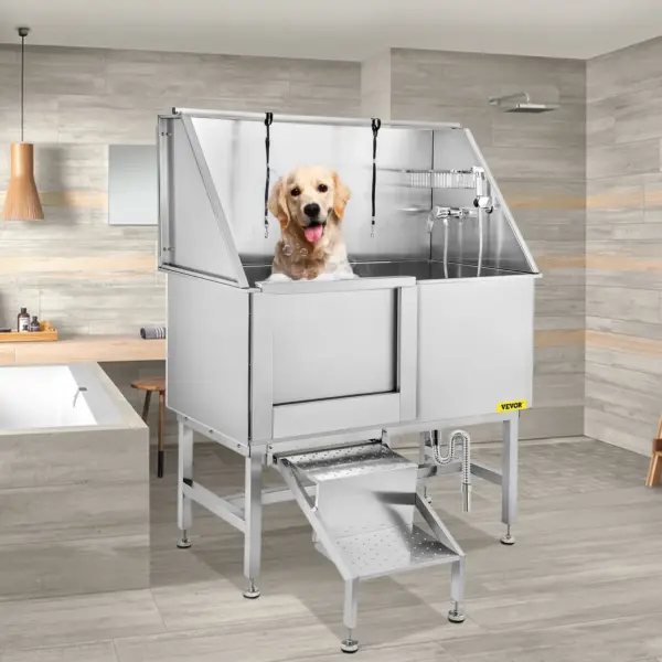 VEVOR 50 Inch Dog Grooming Tub, Professional Stainless Steel Pet Dog Bath Tub, with Steps Faucet & Accessories Dog Washing Station Left Door