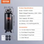 VEVOR 80 Gallon Air Compressor, 6.5HP 15.5SCFM@90 PSI, 2-Stage 145PSI Oil Free Stationary Air Compressor Tank for Industrial Manufacturing, Construction Sites (3-Phase Power, 220V 60 Hz)
