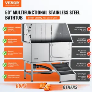 VEVOR 50" Pet Dog Bathing Station w/Ramp, Professional Stainless Steel Dog Grooming Tub w/ Soap Box, Faucet,Rich Accessory, Dog Bathtub for Large,Medium,Small Pets, Washing Sink for Home Right