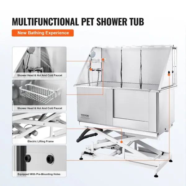 VEVOR 50" Pet Dog Bathing Station Electric Height Adjustment, Professional Stainless Steel Dog Grooming Tub w/ Soap Box, Faucet,Rich Accessory,Bathtub for Multiple Pets, Washing Sink for Home(Right)