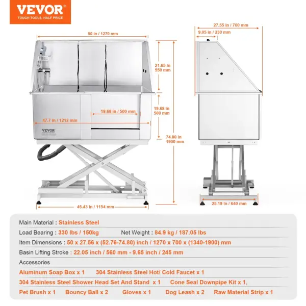 VEVOR 50" Pet Dog Bathing Station Electric Height Adjustment, Professional Stainless Steel Dog Grooming Tub w/ Soap Box, Faucet,Rich Accessory,Bathtub for Multiple Pets, Washing Sink for Home(Right)