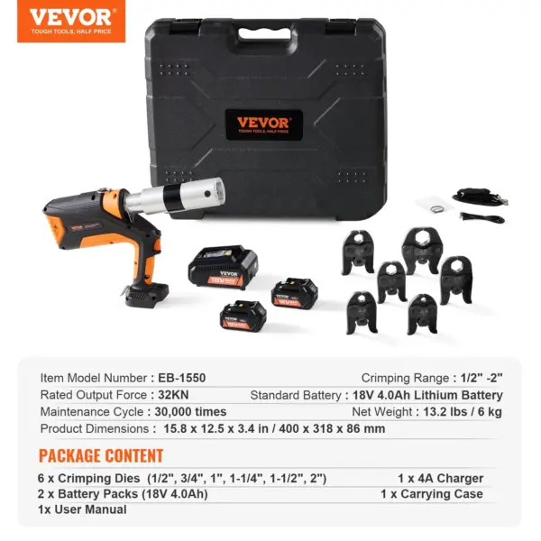 VEVOR Professional 18V Cordless Pipe Crimper, suitable for 1/2"-2" Stainless Steel, Copper, PEX Tubing, features 360 Swivel, Brushless Motor & includes 6 Crimping Jaws