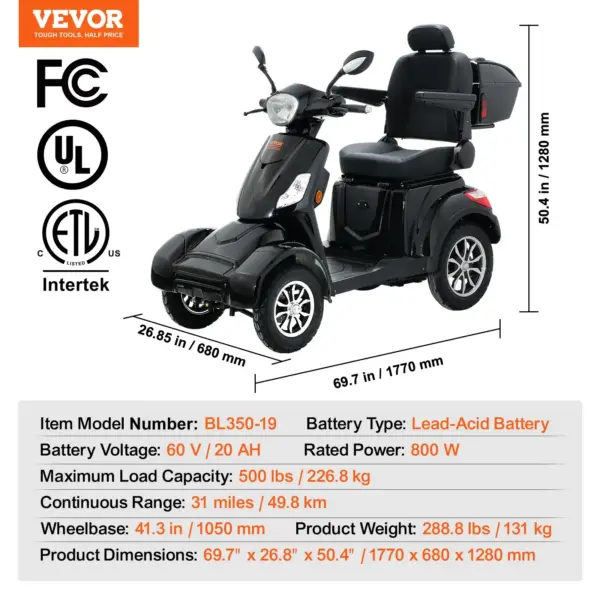 VEVOR Heavy Duty 4-Wheel Mobility Scooters for Seniors & Adults 500lbs Capacity - 31 Miles 3-Speed Long Range, 800W All Terrain Electric Recreational Scooter Wheelchair with 25 Max Climbing Capacity