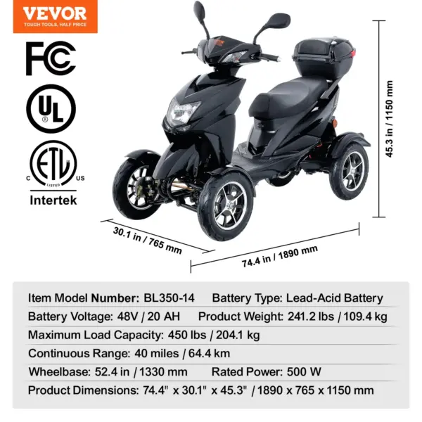 VEVOR Heavy Duty 4-Wheel Mobility Scooters for Seniors & Adults 450lbs Capacity - 40 Miles 3-Speed Long Range, 500W All Terrain Electric Recreational Scooter Wheelchair with 20 Max Climbing Capacity