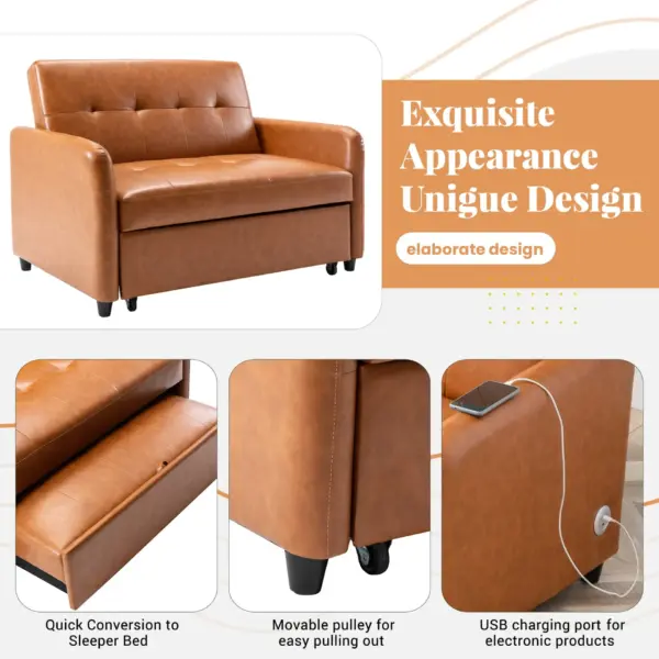 51" Convertible Sleeper Bed, Adjustable Oversized Armchair with Dual USB Ports for Small Space