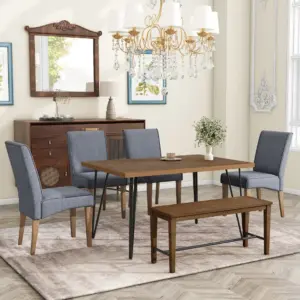 Modern 6-Piece Dining Table Set with V-Shape Metal Legs, Wood Kitchen Table Set with 4 Upholstered Chairs and Bench for 6,Brown