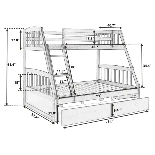 Solid Wood Twin Over Full Bunk Bed with Two Storage Drawers, Espresso
