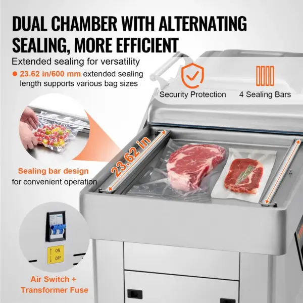 VEVOR Chamber Vacuum Sealer, 1200W Sealing Power, Vacuum Packing Machine for Wet Foods, Meats, Marinades and More, Compact Size with 23.6 in Sealing Length, Applied in Home Kitchen and Commercial Use