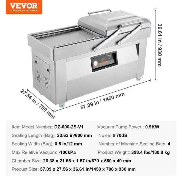 VEVOR Chamber Vacuum Sealer, 1200W Sealing Power, Vacuum Packing Machine for Wet Foods, Meats, Marinades and More, Compact Size with 23.6 in Sealing Length, Applied in Home Kitchen and Commercial Use