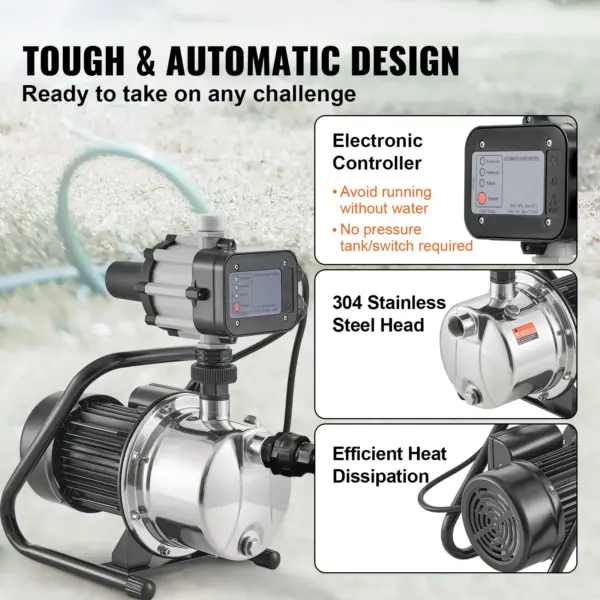VEVOR Shallow Well Pump, 1HP 115V, 1200 GPH 145 ft Head, Portable Stainless Steel Sprinkler Booster Jet Pumps with Automatic Controller for Garden Lawn Irrigation system, Water Transfer