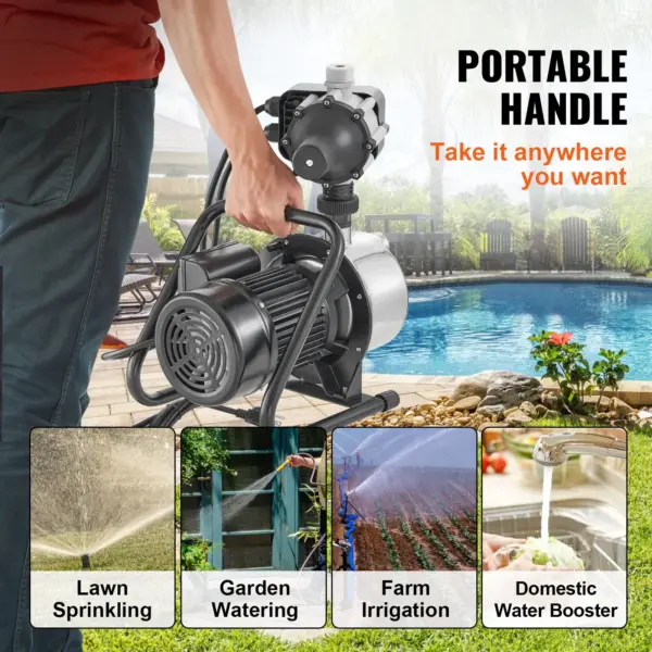 VEVOR Shallow Well Pump, 1HP 115V, 1200 GPH 145 ft Head, Portable Stainless Steel Sprinkler Booster Jet Pumps with Automatic Controller for Garden Lawn Irrigation system, Water Transfer