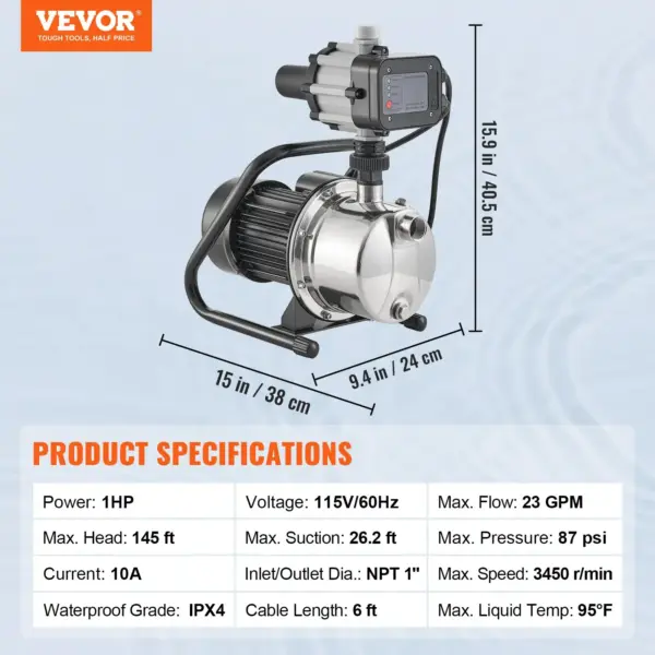 VEVOR Shallow Well Pump, 1HP 115V, 1200 GPH 145 ft Head, Portable Stainless Steel Sprinkler Booster Jet Pumps with Automatic Controller for Garden Lawn Irrigation system, Water Transfer
