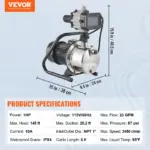 VEVOR Shallow Well Pump, 1HP 115V, 1200 GPH 145 ft Head, Portable Stainless Steel Sprinkler Booster Jet Pumps with Automatic Controller for Garden Lawn Irrigation system, Water Transfer