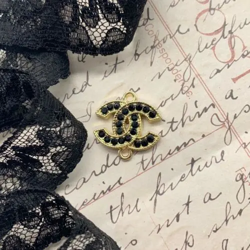Designer Zipper Pull Gold Black Rhinestone Connector