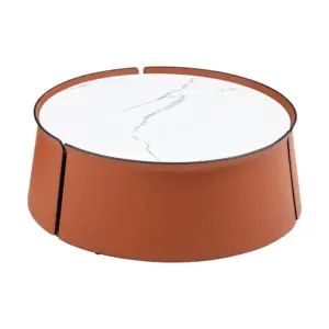 31.5inch Coffee Table, Marble Top+Orange Saddle Leather Body+Iron Frame