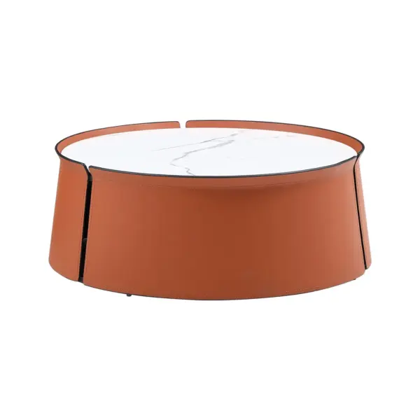 31.5inch Coffee Table, Marble Top+Orange Saddle Leather Body+Iron Frame