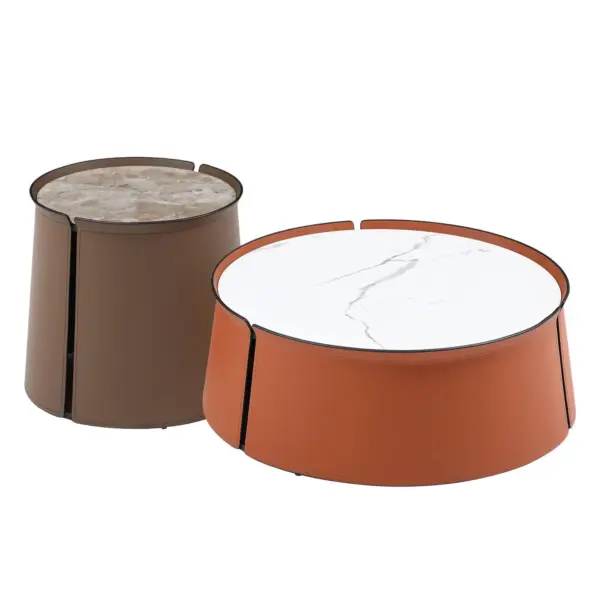 31.5inch Coffee Table, Marble Top+Orange Saddle Leather Body+Iron Frame