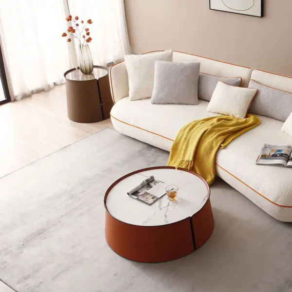 31.5inch Coffee Table, Marble Top+Orange Saddle Leather Body+Iron Frame