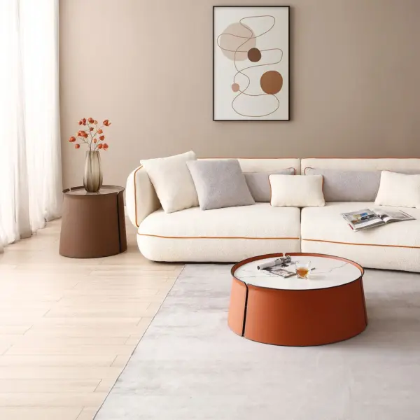 31.5inch Coffee Table, Marble Top+Orange Saddle Leather Body+Iron Frame