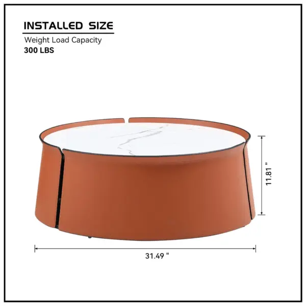 31.5inch Coffee Table, Marble Top+Orange Saddle Leather Body+Iron Frame
