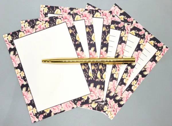 42-Pc Stationery Gift Box Set w/Reusable Desktop Organizer Box and Gold Pen - Black, Pink & Yellow Roses