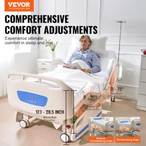 VEVOR Premium 5 Function Full Electric Hospital Bed, ICU Electric Medical Bed with Trendelenburg & Reverse Trendelenburg, 5-Inch Locking Casters, IV Pole for Home Hospital Use, 550LBS Loading