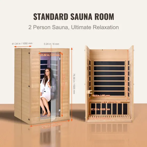 VEVOR Far Infrared Wooden Sauna, Room Home Sauna Spa for 2 Person, Low EMF Far Infrared Hemlock Wood Saunas with Tempered Glass Door & 2 Bluetooth Speakers, 1800W Indoor Use