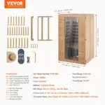 VEVOR Far Infrared Wooden Sauna, Room Home Sauna Spa for 2 Person, Low EMF Far Infrared Hemlock Wood Saunas with Tempered Glass Door & 2 Bluetooth Speakers, 1800W Indoor Use