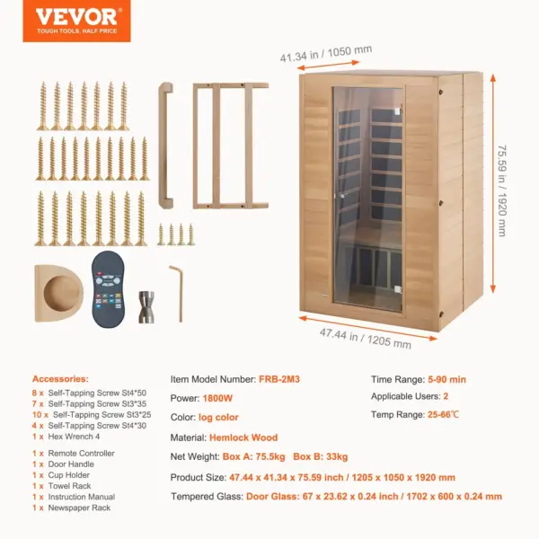VEVOR Far Infrared Wooden Sauna, Room Home Sauna Spa for 2 Person, Low EMF Far Infrared Hemlock Wood Saunas with Tempered Glass Door & 2 Bluetooth Speakers, 1800W Indoor Use
