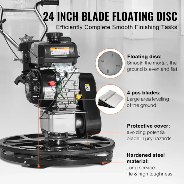 VEVOR Power Trowel, 24 Walk-Behind Cement Trowel with Float Pan, 6HP Gas-Powered Smooth Concrete Surface Finisher, Heavy Duty Commercial Screed Concrete Cement with Finishing Blade, Orange