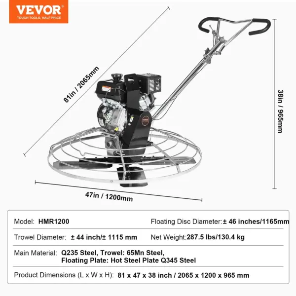 VEVOR Power Trowel, 46 Walk-Behind Cement Trowel with Float Pan, 14HP Gas-Powered Smooth Concrete Surface Finisher, Heavy Duty Commercial Screed Concrete Cement with Finishing Blade, Orange