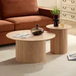 17.71 inch Round Fluted Side Table Circle Small Accent Table for Living Room Mid Century Circle Bedside Table for Bedroom Oak