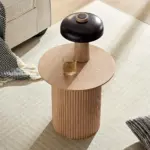 17.71 inch Round Fluted Side Table Circle Small Accent Table for Living Room Mid Century Circle Bedside Table for Bedroom Oak