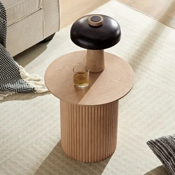 17.71 inch Round Fluted Side Table Circle Small Accent Table for Living Room Mid Century Circle Bedside Table for Bedroom Oak