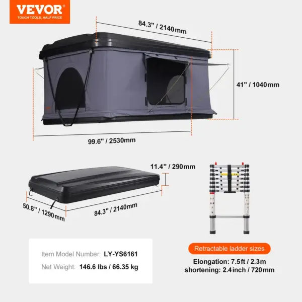 VEVOR Rooftop Tent Hard Shell, Naturnest Rooftop Tent Hardshell for 2-3 Person, Hard Shell Roof Top Tent with Telescopic Ladder Thick Mattress, Waterproof Windproof for Jeep SUV Van Pickup Truck