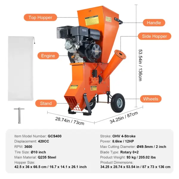 VEVOR Wood Chipper Shredder Mulcher 12 HP HeavyDuty Gas Powered 6.7 420cc 8.6kW