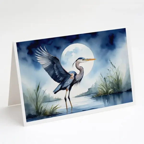 Blue Heron Under the Moonlight Greeting Cards Pack of 8