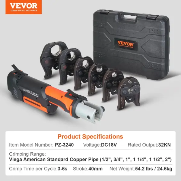 VEVOR ProPress Tool, 18V Electric Pipe Crimping Tool for 1/2, 3/4, 1, 1 1/4", 1 1/2", 2" Copper Pipes, Press Tool Kit with Brushless Motor, 6 Pro Press Jaws, 2pcs 4AH Battery