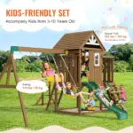 VEVOR Wooden Swing Set, 10 IN 1 Playground Sets for Backyards, 2 Swings, Trapeze Bar, 6FT Slide, Large Upper Fort with Kitchen Toys, Flat Step Ladder, Rock Wall, Picnic Table, Sandbox, Scaling Ladder