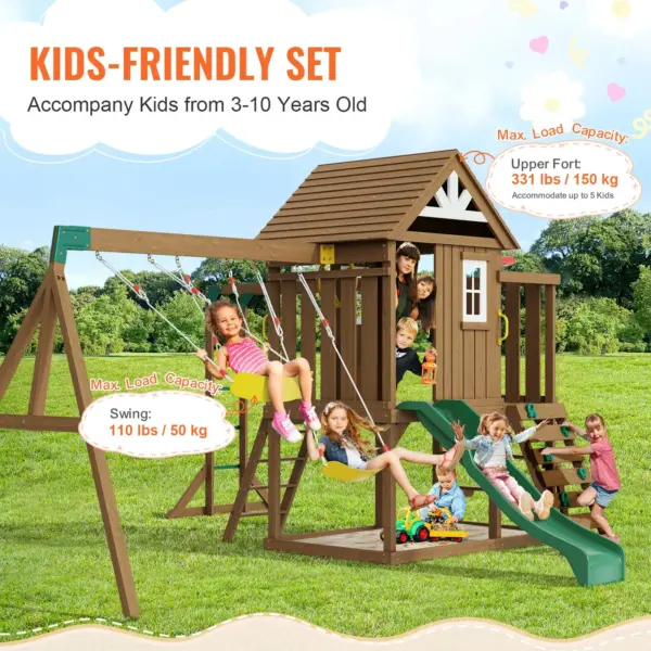 VEVOR Wooden Swing Set, 10 IN 1 Playground Sets for Backyards, 2 Swings, Trapeze Bar, 6FT Slide, Large Upper Fort with Kitchen Toys, Flat Step Ladder, Rock Wall, Picnic Table, Sandbox, Scaling Ladder