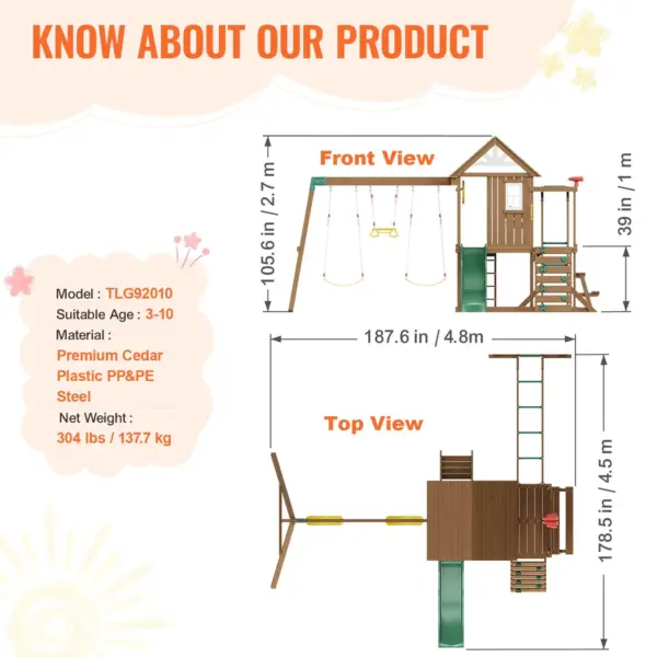 VEVOR Wooden Swing Set, 10 IN 1 Playground Sets for Backyards, 2 Swings, Trapeze Bar, 6FT Slide, Large Upper Fort with Kitchen Toys, Flat Step Ladder, Rock Wall, Picnic Table, Sandbox, Scaling Ladder