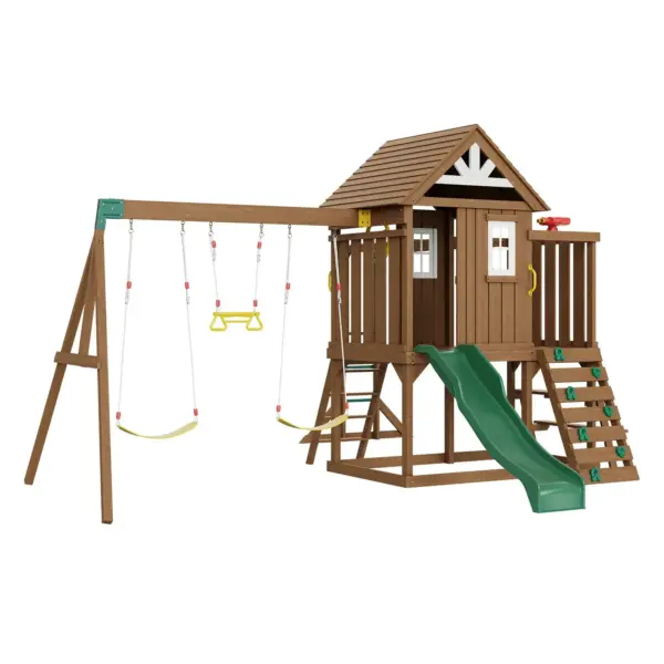 VEVOR Wooden Swing Set, 10 IN 1 Playground Sets for Backyards, 2 Swings, Trapeze Bar, 6FT Slide, Large Upper Fort with Kitchen Toys, Flat Step Ladder, Rock Wall, Picnic Table, Sandbox, Scaling Ladder