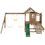 VEVOR Wooden Swing Set, 10 IN 1 Playground Sets for Backyards, 2 Swings, Trapeze Bar, 6FT Slide, Large Upper Fort with Kitchen Toys, Flat Step Ladder, Rock Wall, Picnic Table, Sandbox, Scaling Ladder