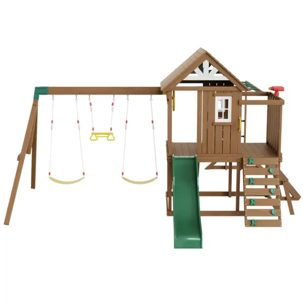 VEVOR Wooden Swing Set, 10 IN 1 Playground Sets for Backyards, 2 Swings, Trapeze Bar, 6FT Slide, Large Upper Fort with Kitchen Toys, Flat Step Ladder, Rock Wall, Picnic Table, Sandbox, Scaling Ladder