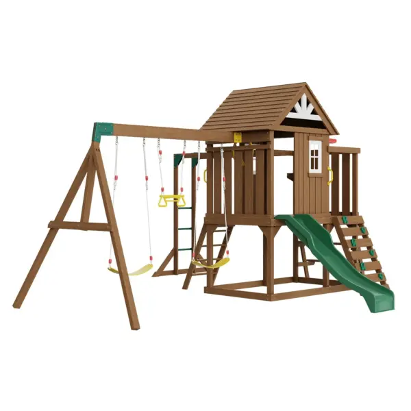 VEVOR Wooden Swing Set, 10 IN 1 Playground Sets for Backyards, 2 Swings, Trapeze Bar, 6FT Slide, Large Upper Fort with Kitchen Toys, Flat Step Ladder, Rock Wall, Picnic Table, Sandbox, Scaling Ladder