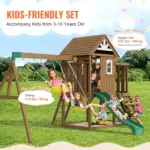 VEVOR Wooden Swing Set, 9 IN 1 Outdoor Playground Sets for Backyards, 2 Swings, Trapeze Bar, 6 FT Slide, Large Upper Fort with Kitchen Toys, Flat Step Ladder, Rock Wall, Picnic Table, Sandbox