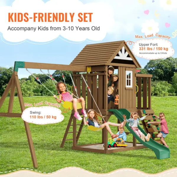 VEVOR Wooden Swing Set, 9 IN 1 Outdoor Playground Sets for Backyards, 2 Swings, Trapeze Bar, 6 FT Slide, Large Upper Fort with Kitchen Toys, Flat Step Ladder, Rock Wall, Picnic Table, Sandbox