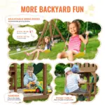 VEVOR Wooden Swing Set, 9 IN 1 Outdoor Playground Sets for Backyards, 2 Swings, Trapeze Bar, 6 FT Slide, Large Upper Fort with Kitchen Toys, Flat Step Ladder, Rock Wall, Picnic Table, Sandbox